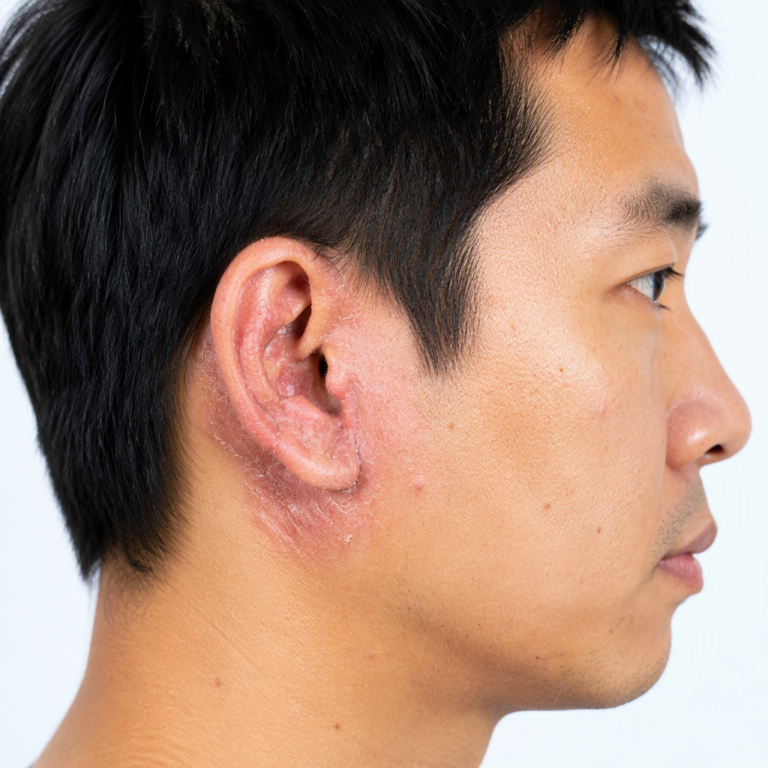 Side profile of a person showing irritated skin behind the ear, with flaking and redness typical of dermatitis.